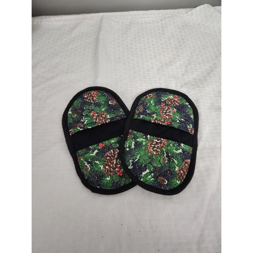 Handmade Christmas Pinecone Denim Quilted Pot Holder Mitts Set of 2 Holiday